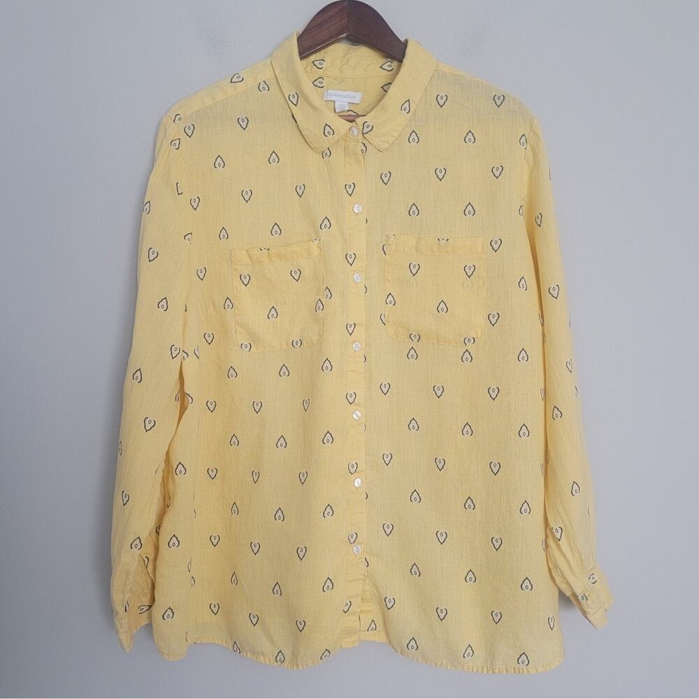 Charter Club Womens XXL Linen Blend Roll Tab Sleeve Shirt Yellow Print